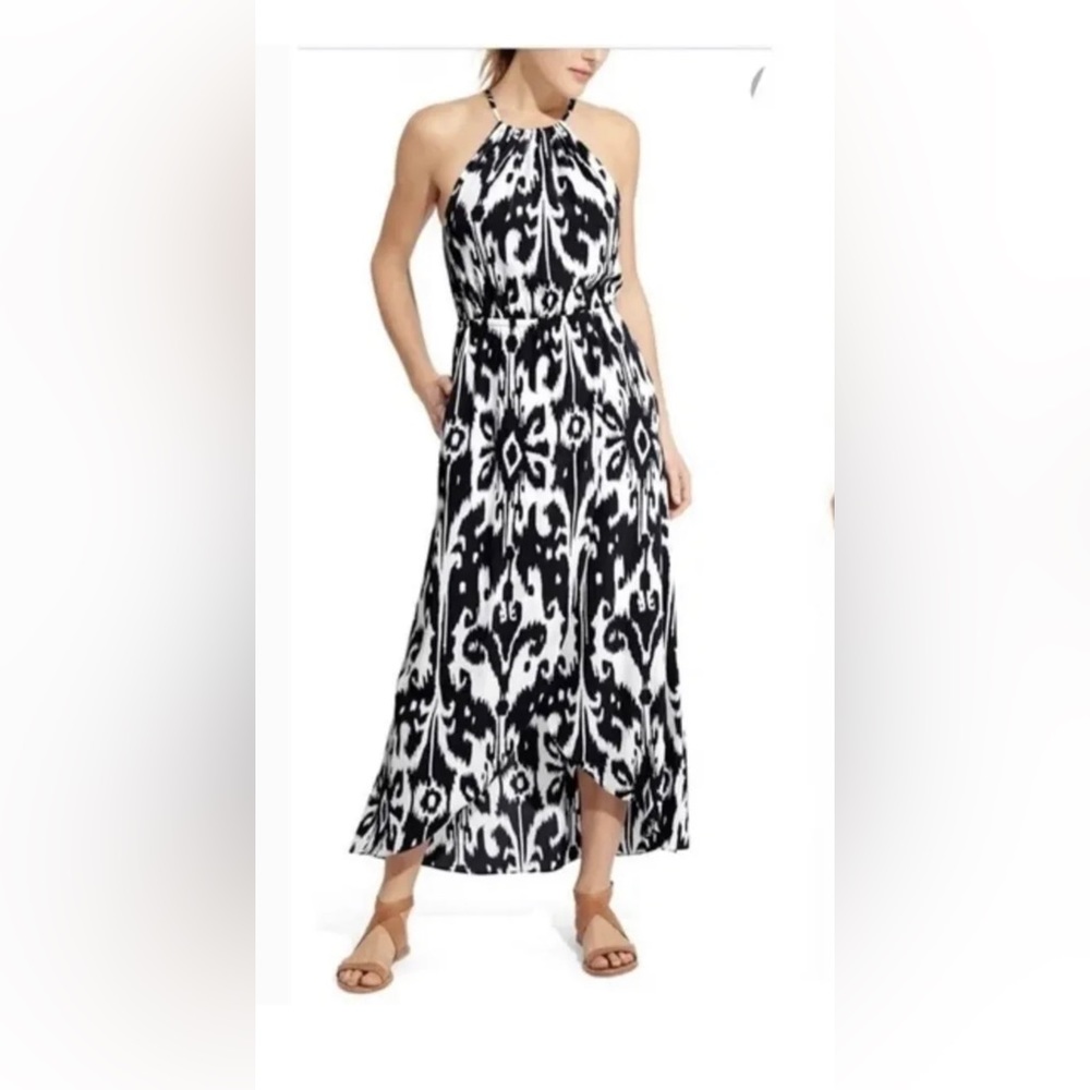 Athleta Black Ikat Bloom Ripple Maxi Dress Small Back Tassels Travel Size M